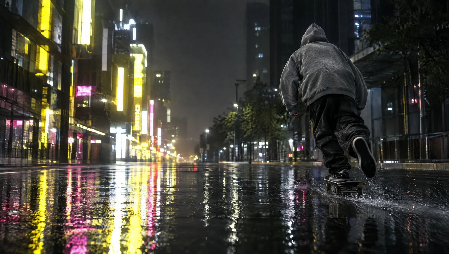 Skater im grauen Hoodie stößt sich auf einer regennassen Straße ab, Neonlicht spiegelt sich im Asphalt