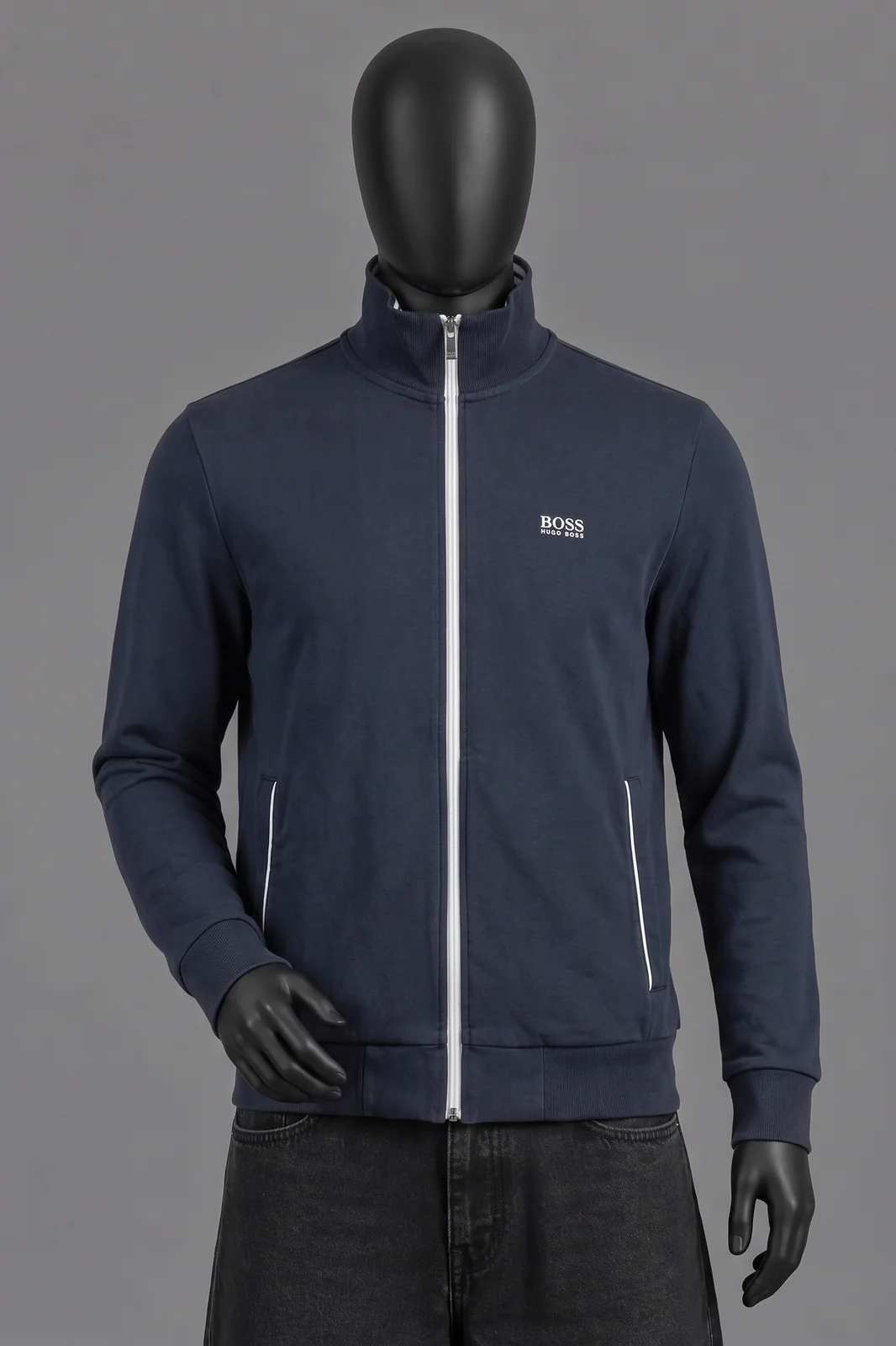 Hugo Boss, Zip Sweat Jacket, Navy, gestreifter Kragen-Innenstoff, Baumwoll-Sweat, Größe S, Sehr gut