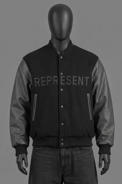 Represent, Wool Varsity Bomber, Schwarz mit schwarzen Leder-Aermeln, 'REPRESENT' Print am Chest, Groesse L, Größe L, Getragen