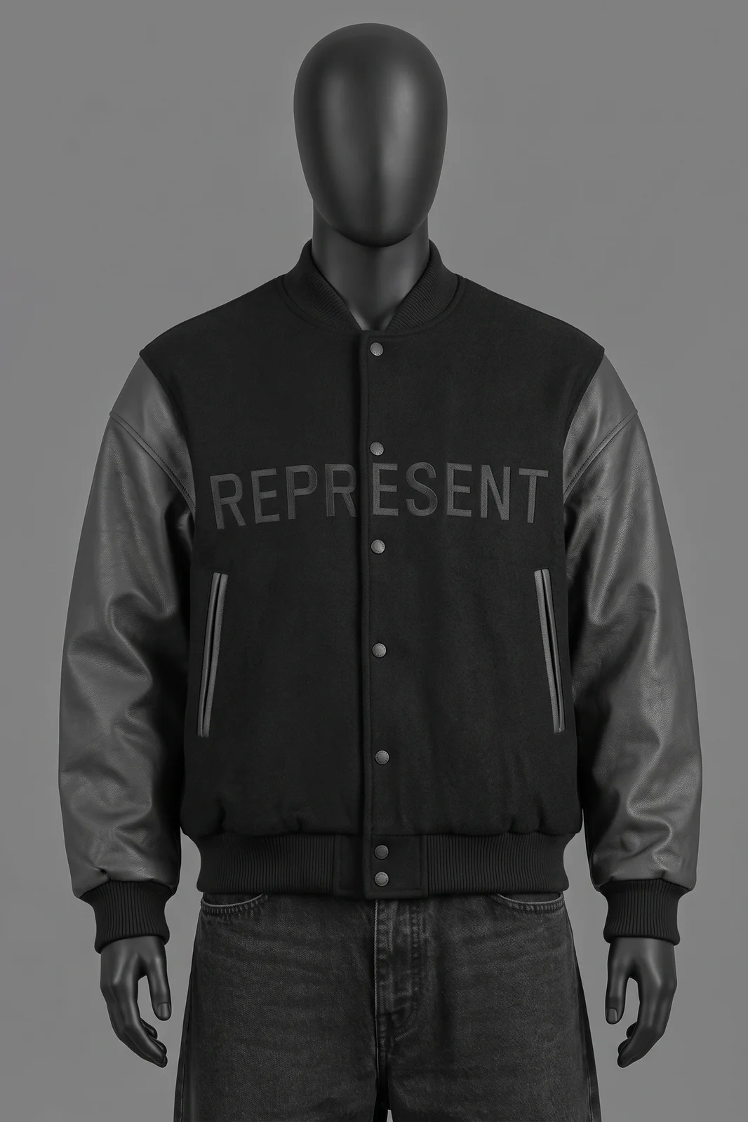 Represent, Varsity Bomber Jacket, Schwarz mit schwarzen Leder-Aermeln, 'REPRESENT' Print am Chest, Groesse L, Größe L, Getragen