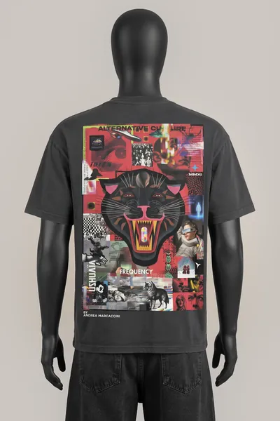 Ushuaïa Ibiza, Alternative Culture Print Tee, Schwarz, Panther/Collage Print by Andrea Marcaccini, Größe S, Größe S, Sehr gut