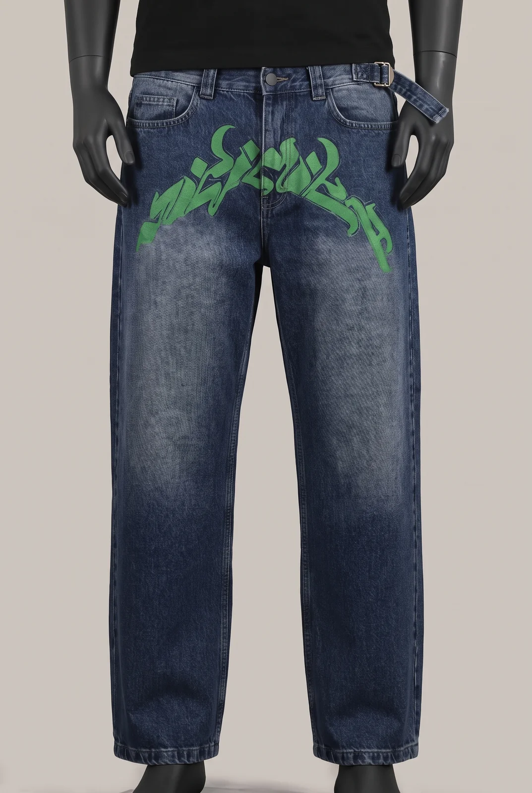 Vicinity, Baggy Jeans Graffiti Print, Blue Wash, Green Graffiti Print, Belt included, Größe L (32L), Größe 32, Sehr gut
