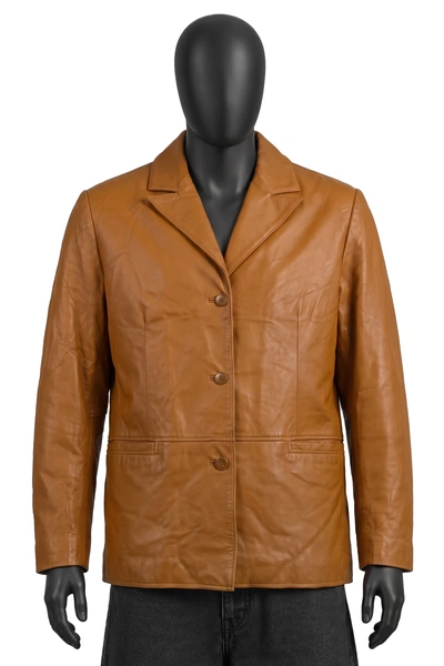 Clio II, Leder-Blazerjacke, Cognac/Camel, 3 Knöpfe, Pattentaschen, Größe XL, Sehr gut