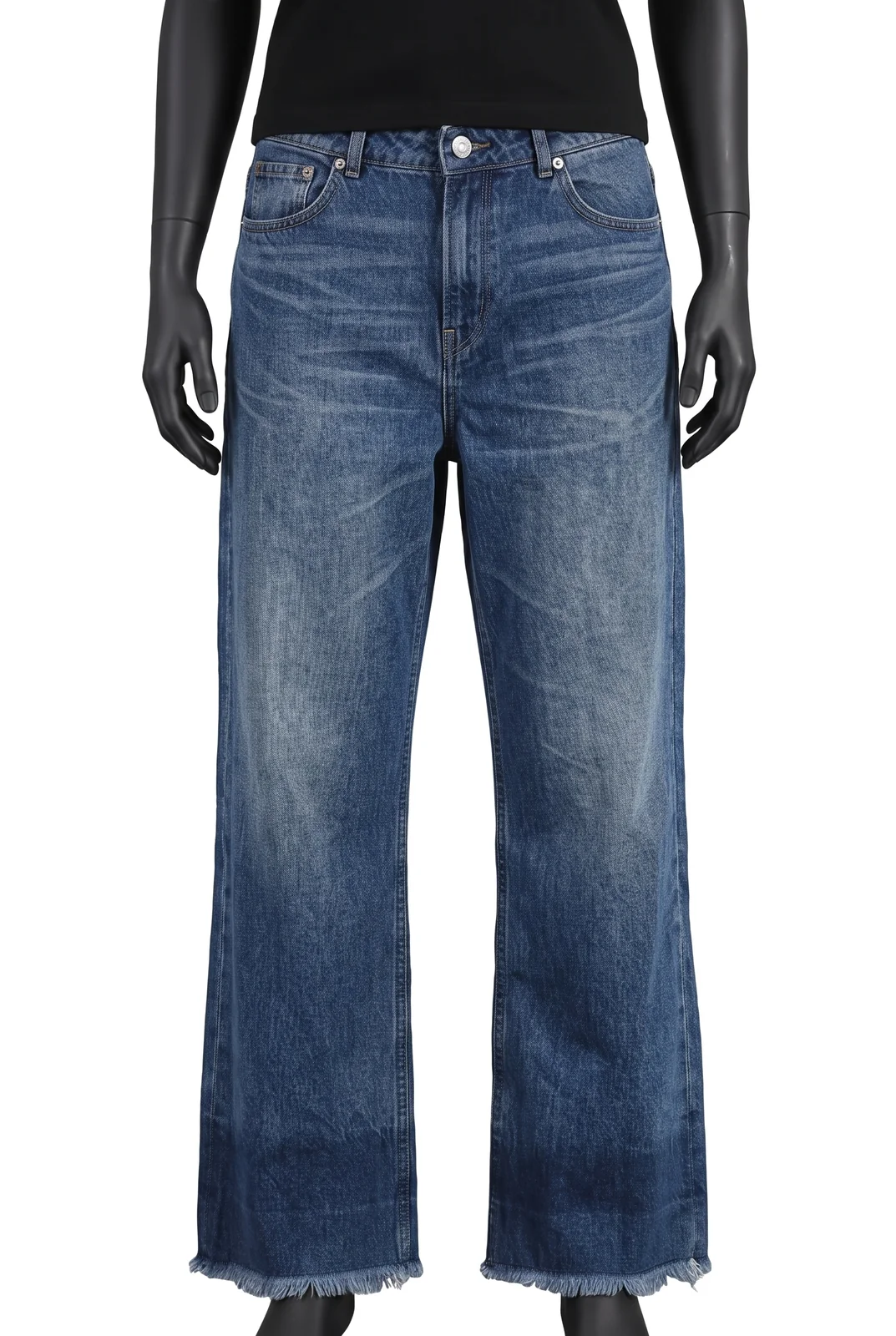 Earth Music & Ecology, Wide Leg Jeans mit Fransensaum, Mittelblau, High Waist, ausgefranster Saum, verkürzt, Größe M, Sehr gut