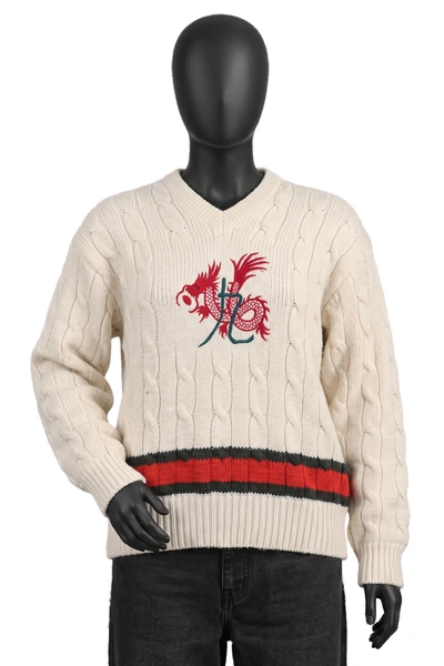 May Wah, Cricket-Pullover, Creme, rot/grüner Streifen, Drachen-Stickerei, Zopfstrick, Größe XXL, Sehr gut