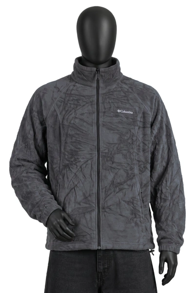 Columbia, Plüsch-Fleecejacke mit durchgehendem Reißverschluss, Schwarz/Anthrazit, Plüsch-Fleece, Stehkragen, Größe L, Getragen