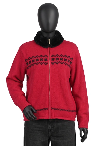 Karen Scott, Strickjacke mit Reißverschluss, Rot/Schwarz, Norwegermuster, Kunstfellkragen, Größe L, Sehr gut