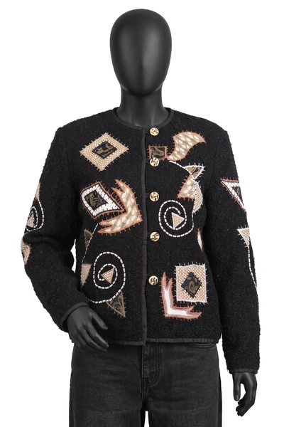 Allure, Bouclé-Jacke mit Patchwork-Applikationen, Schwarz/Beige/Terracotta, Patchwork, Holzknöpfe, Größe M, Getragen