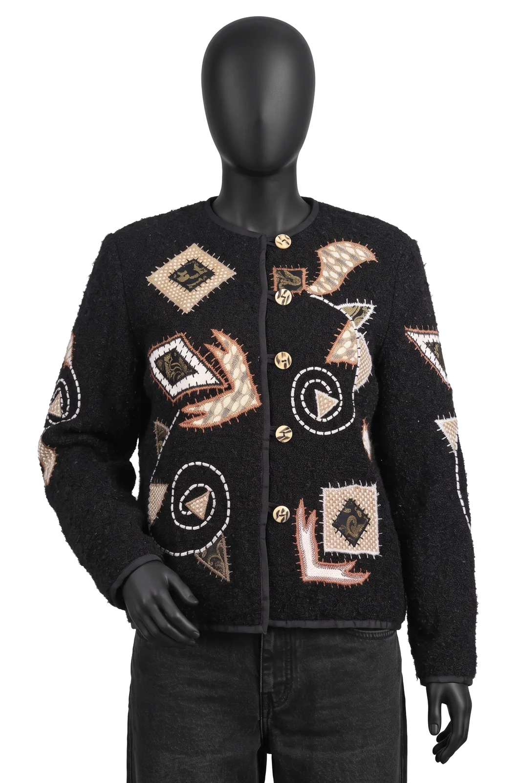 Allure, Vintage Bouclé Jacke mit Patchwork, Schwarz/Beige/Terracotta, Patchwork, Holzknöpfe, Größe M, Getragen