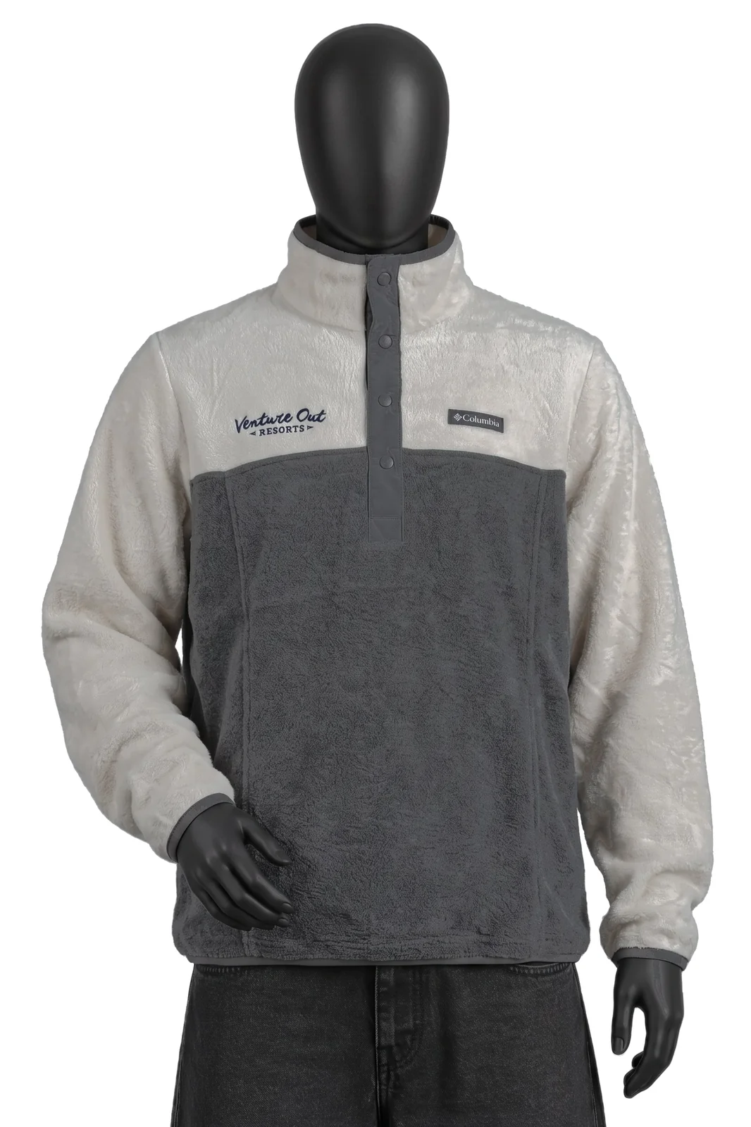 Columbia, Benton Springs Half Snap Fleece, Creme/Grau, Druckknopfleiste, Stickerei 'Venture Out Resorts', Größe M, Sehr gut