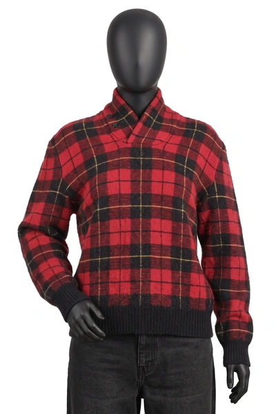 Polo Ralph Lauren, Schalkragen-Strickpullover Tartan, Rot/Schwarz, Tartan-Karo mit gelben Linien, Knopfleiste, Größe L, Getragen