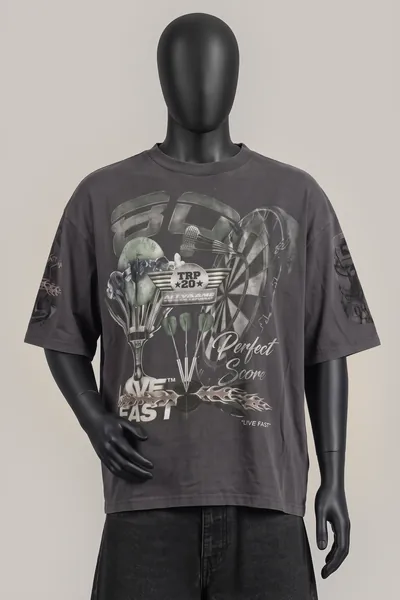 LFDY, 180 Perfect Score Darts Tee, Anthrazit/Faded Black, Flammen- und Dart-Grafik, All-Over Print Ärmel, Größe M, Sehr gut
