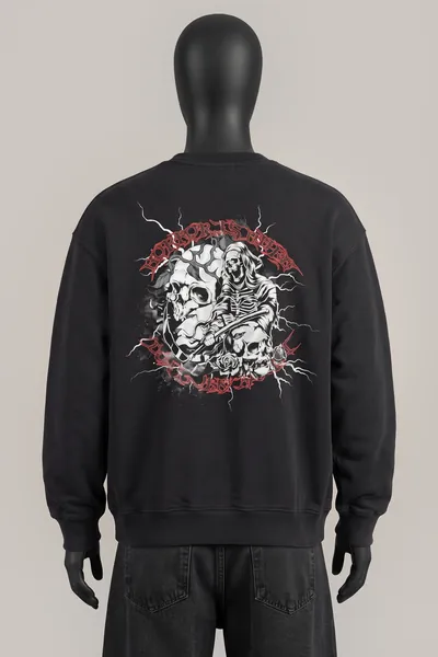 ASOS Design, Skull Reaper Print Crewneck, Schwarz, Gothic/Y2K Skull & Reaper Grafik, Baumwoll-Fleece, Größe L, Sehr gut