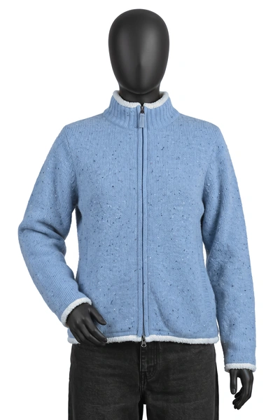 L.L.Bean, Lambswool Strickjacke mit Fleece-Futter, Hellblau meliert/Creme, Teddyfutter, Zweiwege-Reissverschluss, Größe M, Getragen