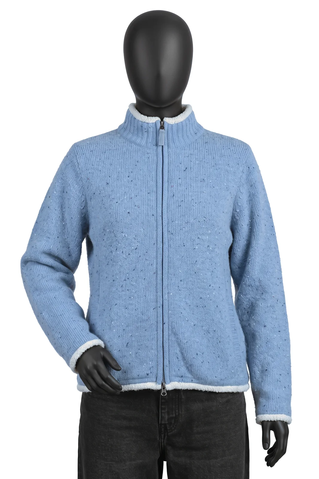 L.L.Bean, Sherpa gefütterte Strickjacke mit Stehkragen, Hellblau meliert/Creme, Teddyfutter, Zweiwege-Reissverschluss, Größe M, Getragen