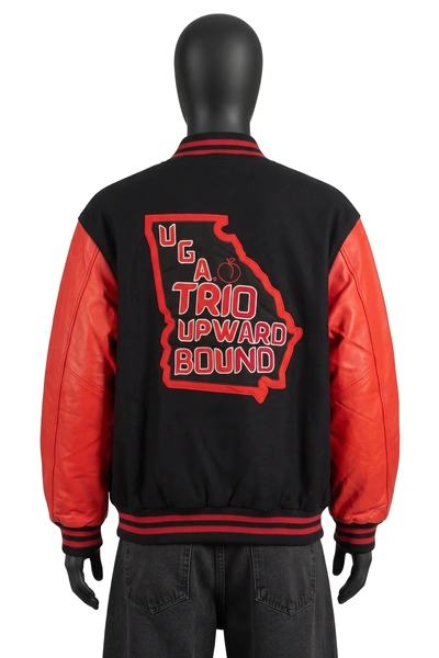 Unbranded, Varsity Jacke, Schwarz/Rot, Wollkörper, Lederärmel, Rückenpatch, Größe XL, Sehr gut