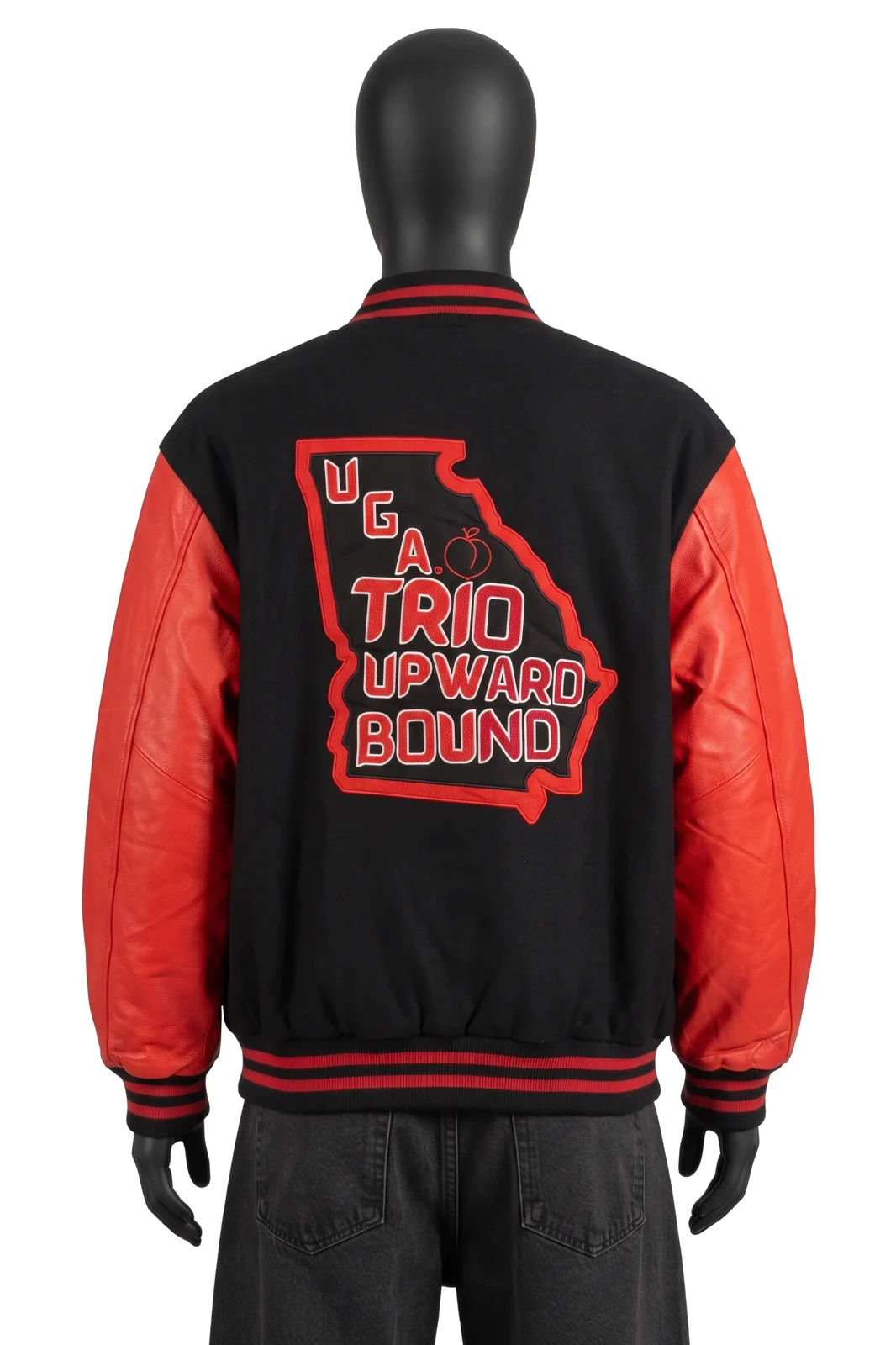 Unbranded, Vintage Varsity Jacke UGA TRIO Upward Bound, Schwarz/Rot, Wollkörper, Lederärmel, Rückenpatch, Größe XL, Sehr gut