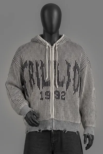 Trillion, Zip-Up Knit Hoodie, Beige/Black Striped, Eagle Wing Jacquard, Acrylic/Nylon Blend, Size M, Größe M, Sehr gut