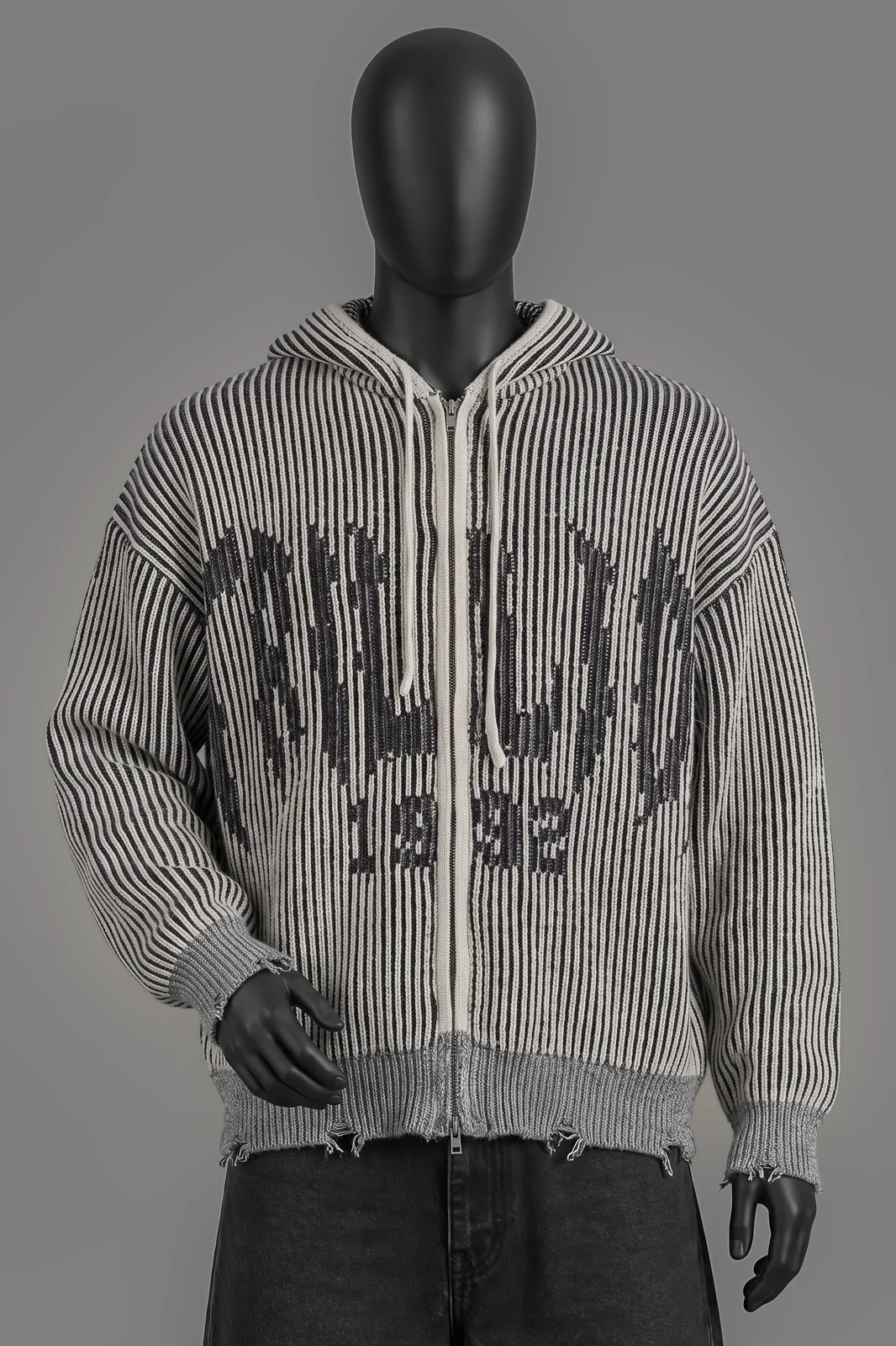 Trillion, Striped Zip Hoodie Eagle Knit, Beige/Black Striped, Eagle Wing Jacquard, Acrylic/Nylon Blend, Size M, Größe M, Sehr gut
