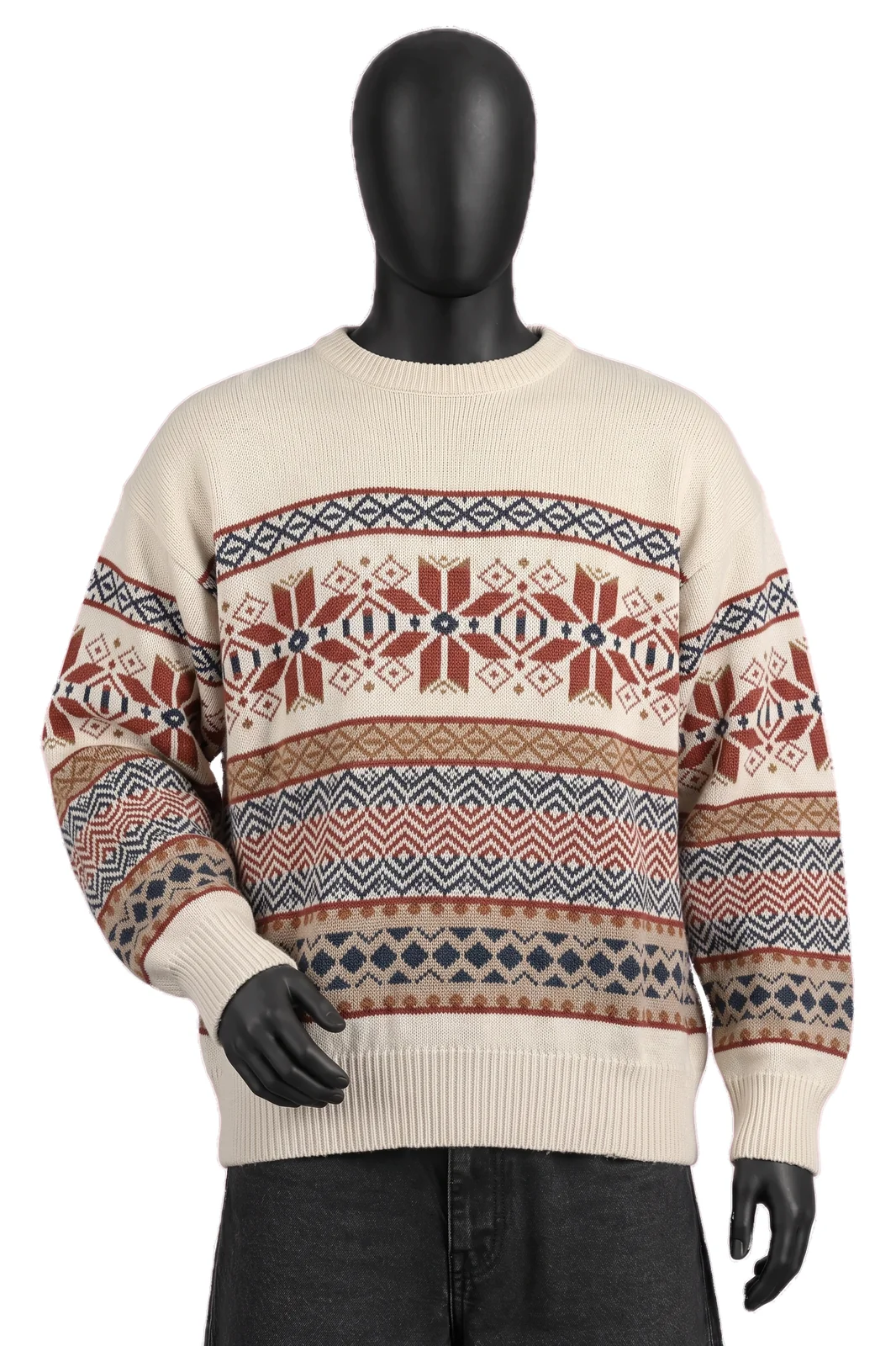 St. John's Bay, Vintage Norweger Strickpullover mit Schneeflocken-Muster, Creme/Rostrot/Petrol, Jacquard-Schneeflocken, Größe XL, Sehr gut