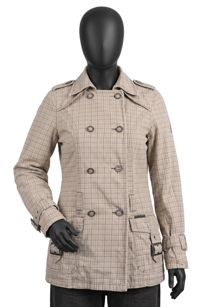 Khujo, Karierter Kurzmantel, Beige/Dunkelblau, kariert, zweireihig mit Gürtelschnallen, Größe S, Sehr gut