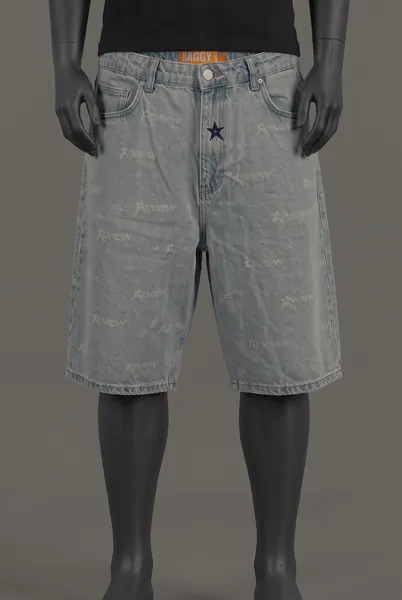 Review, Baggy Denim Shorts, Light Blue / Star Allover Print, Größe M, Größe M, Sehr gut