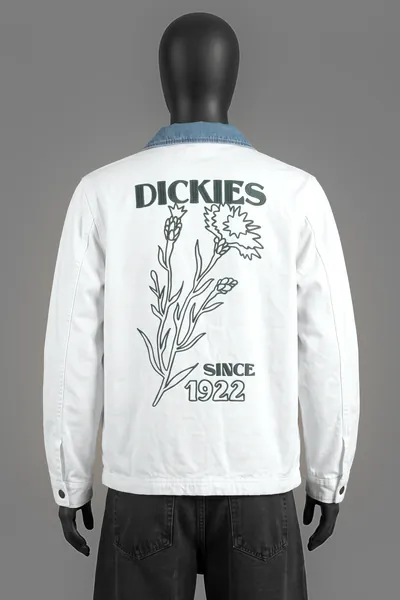 Dickies, Chore/Bomber Jacket mit Denim-Kragen, Off-White Canvas mit Denim-Kontrastkragen, Blumenstickerei 'Since 1922' Rückenprint, Größe S, Sehr gut