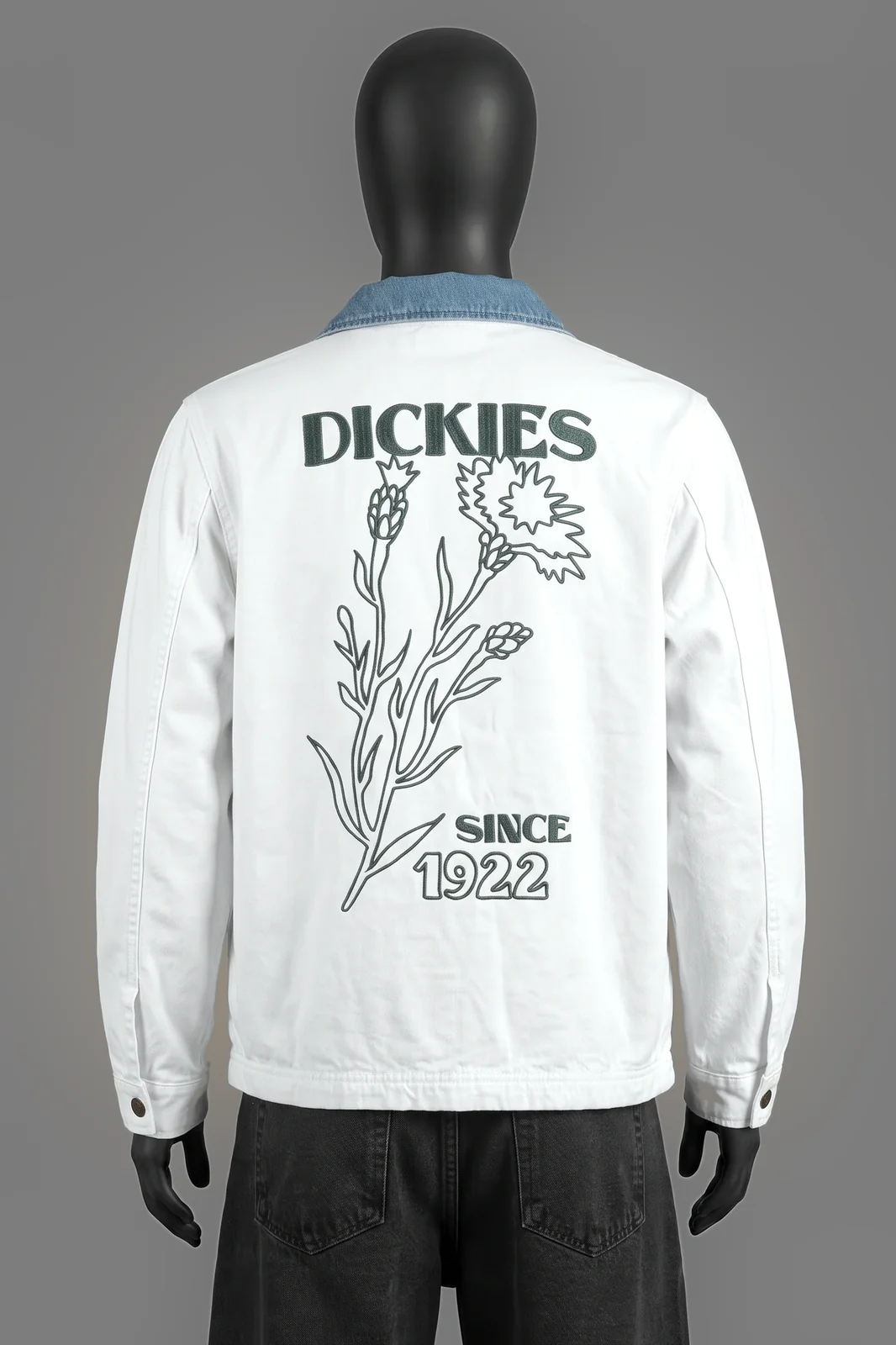 Dickies, Chore Jacket Floral Back, Off-White Canvas mit Denim-Kontrastkragen, Blumenstickerei 'Since 1922' Rückenprint, Größe S, Sehr gut