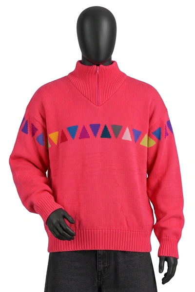 Peregrine, Troyer Strickpullover Dreieck-Intarsie, Neonpink mit bunten Dreiecken, Zip-Kragen, Größe XL, Getragen