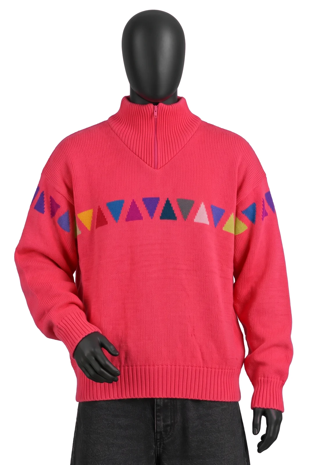Peregrine, Wollpullover mit Dreieck-Muster, Neonpink mit bunten Dreiecken, Zip-Kragen, Größe XL, Getragen