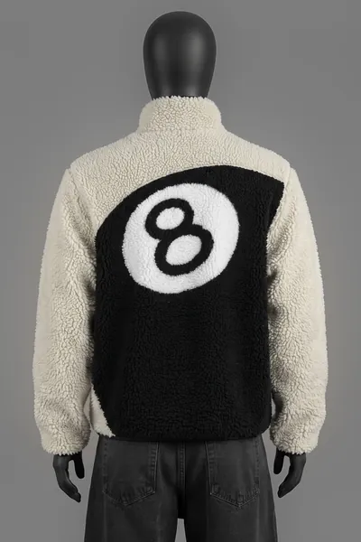 Stüssy, 8-Ball Fleece Jacket, Cream/Black, reversible (Sherpa-Fleece außen / Nylon innen), Größe M, Größe M, Getragen