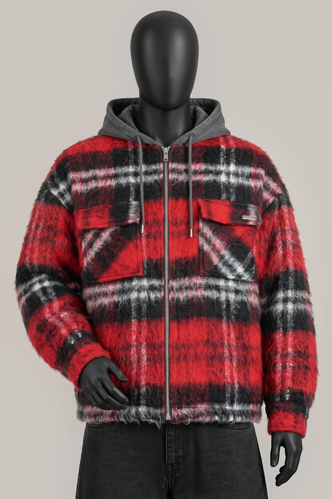 Peso, Shaggy Plaid Hooded Jacket, Rot/Schwarz/Weiß Karo, Mohair-Mix, abnehmbare Kapuze in Grau, Label Größe SMALL, Größe L, Getragen