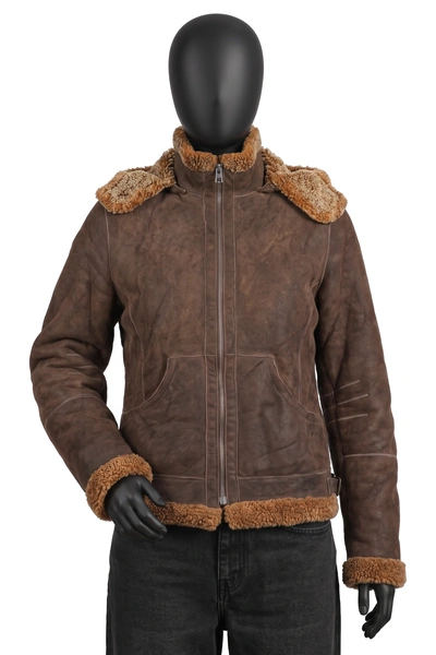 Serrano Burgos, Shearling Fliegerjacke mit abnehmbarer Kapuze, Dunkelbraun/Cognac, Lammfell, Schnallen am Bund, Größe XL, Getragen