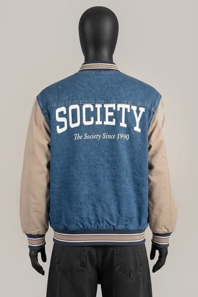 Jack & Jones, Originals Society Varsity, Denim Blue mit beigen Kunstleder-Aermeln, gestreiftem Bund, 'SOCIETY' Print, Groesse L, Größe L, Sehr gut