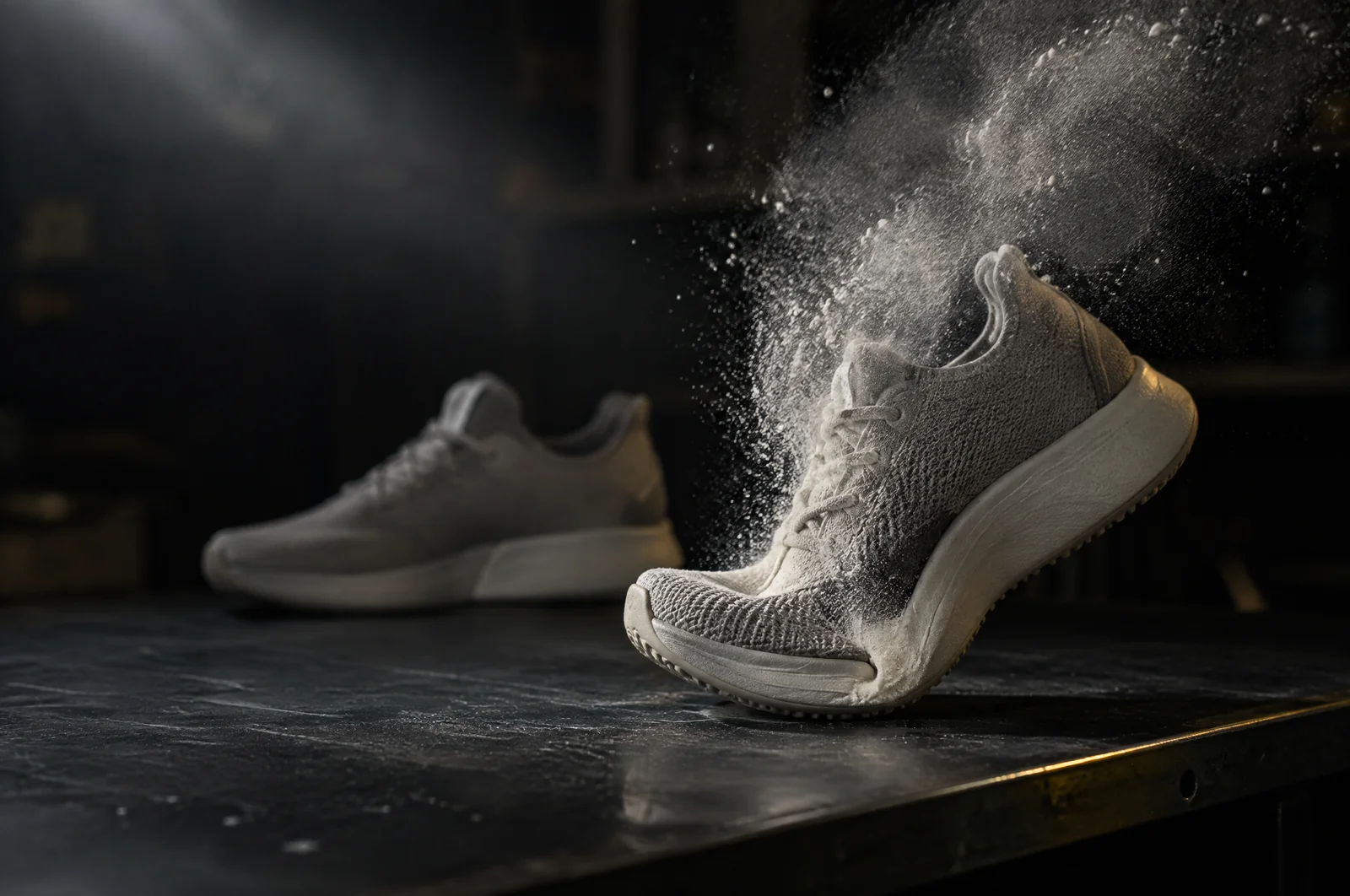 Ein Sneaker kippt auf einer dunklen Werkbank nach vorn, aus der gebogenen Sohle stiebt feiner heller Staub, dahinter steht unscharf der zweite Schuh.