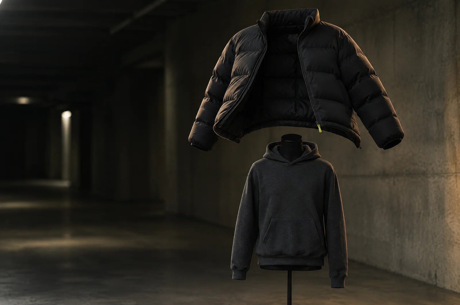 Eine offene schwarze Pufferjacke schwebt über einer Schneiderpuppe im grauen Hoodie und ist sichtbar weiter geschnitten als die Lage darunter.