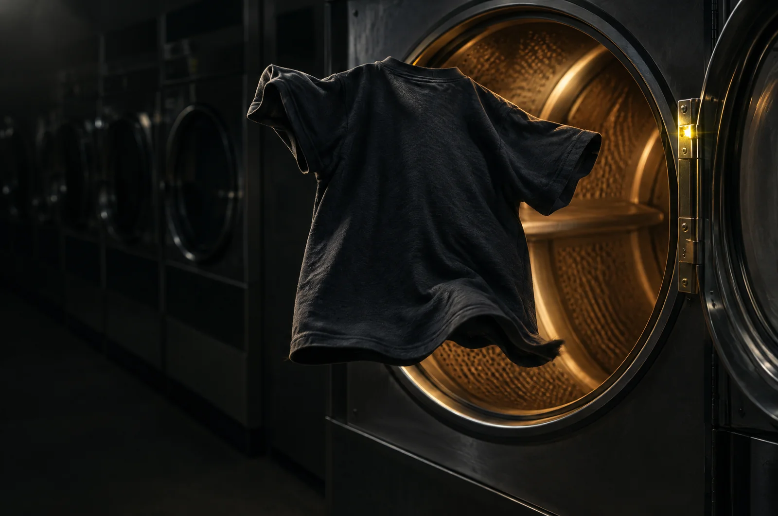 Ein schlichtes dunkles Shirt schwebt in der Luft vor der offenen, warm leuchtenden Trommel eines Trockners in einem dunklen Waschsalon.