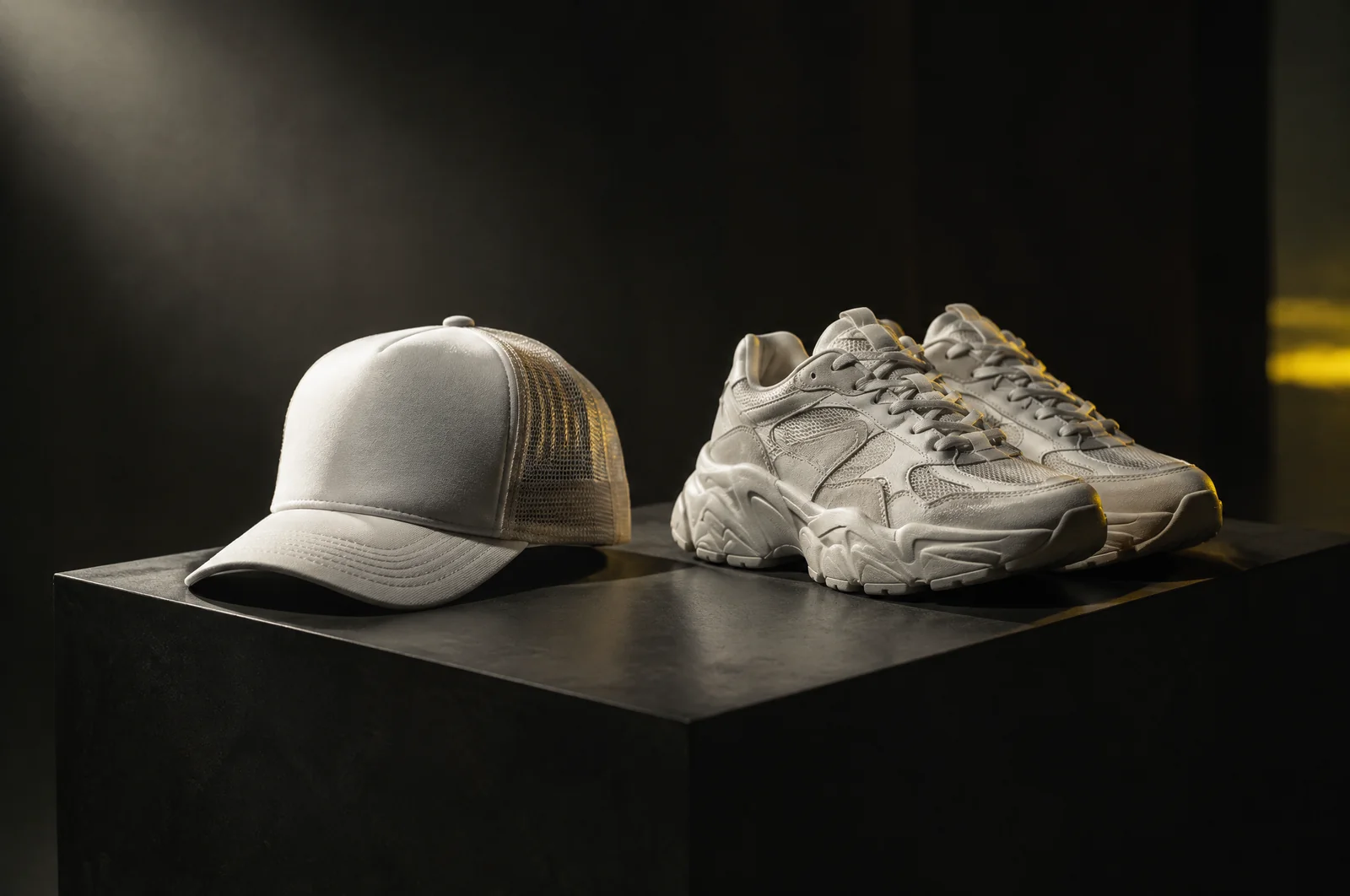 Eine schlichte Trucker Cap mit Netzrücken und klobige Sneaker liegen auf einem Sockel im Spotlicht.